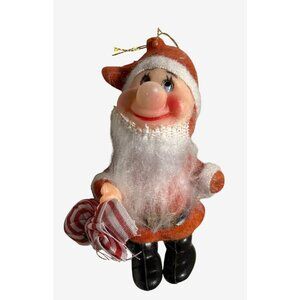 Vintage Red Santa Elf Felt Flocked Ornament With Red & White Bag